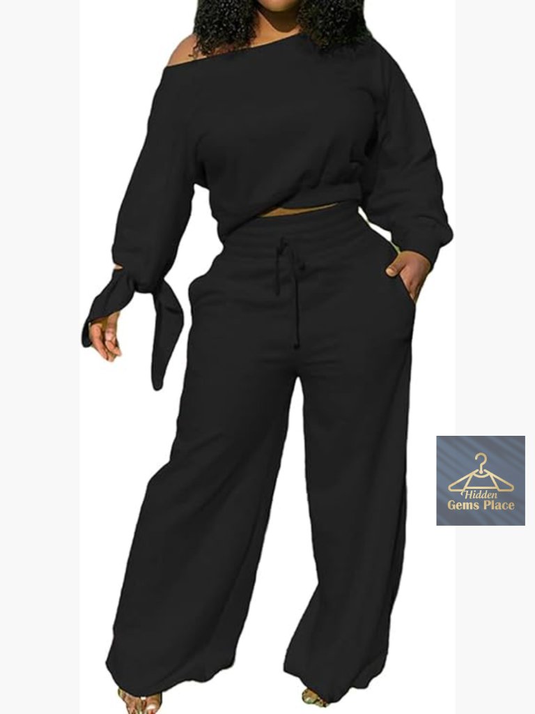 Long Sleeve Sweatsuit 2 Piece Set With Pockets Wide Leg Pants Jogging